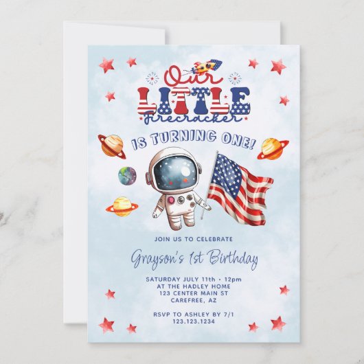 私たちの小さな爆竹の宇宙飛行士の最初の誕生日 招待状 (正面)