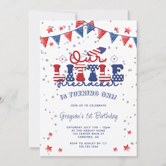 私たちの小さな爆竹の最初の誕生日 招待状 (正面)