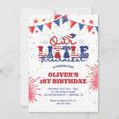 私たちの小さな爆竹の最初の誕生日 招待状 (正面)