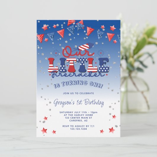 私たちの小さな爆竹の男の子1日の誕生日 招待状 (スタンド正面)