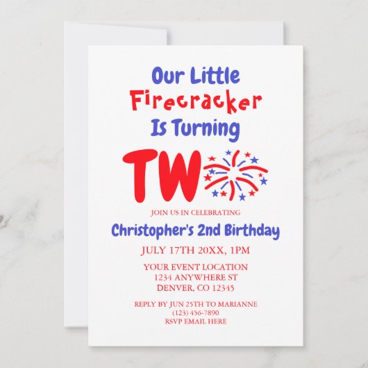 私たちの小さな爆竹の2番目の誕生日 招待状 (正面)