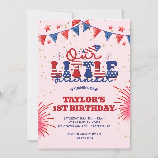 私たちの小さな爆竹ピンクの誕生日 招待状 (正面)