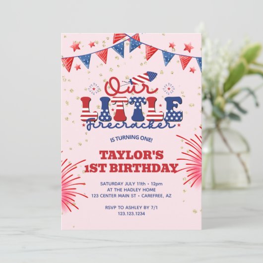 私たちの小さな爆竹ピンクの誕生日 招待状 (スタンド正面)