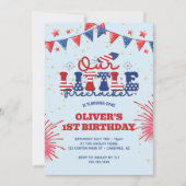 私たちの小さな爆竹ブルーの1番目の誕生日 招待状 (正面)