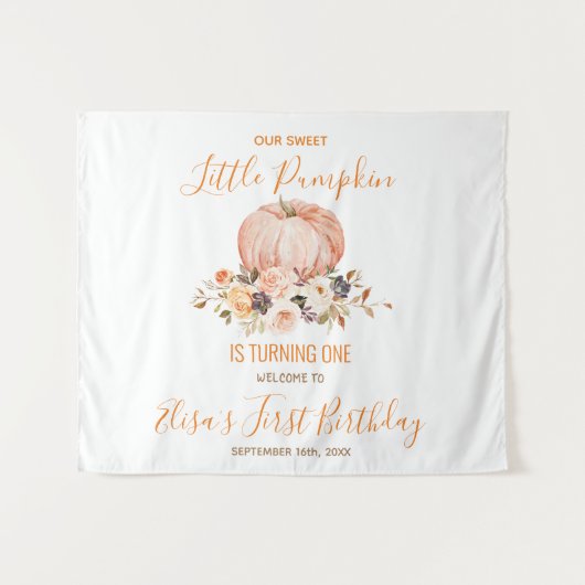 私たちの小さな甘いカボチャ1st誕生日へようこそ タペストリー (正面(横))