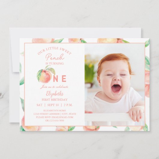 私たちの小さな甘い桃は1つの誕生日ベビー写真 招待状 (正面)