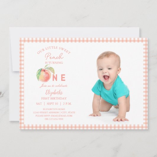 私たちの小さな甘い桃は1つの誕生日ベビー写真 招待状 (正面)