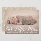 私たちの小さな男のスクリプト写真の誕生の発表 案内状 (正面/裏面)