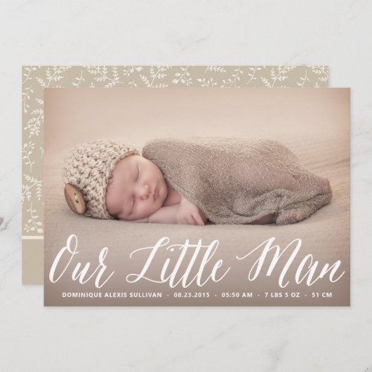 私たちの小さな男のスクリプト写真の誕生の発表 案内状 (正面/裏面)