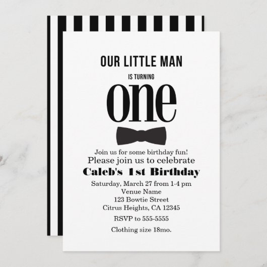 私たちの小さな男の最初の1歳の誕生日のボウタイパーティー 招待状 (正面/裏面)