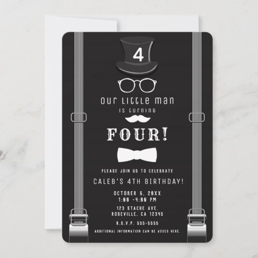私たちの小さな男ヒップスターのサスペンダーズ誕生日パーティー 招待状 (正面)