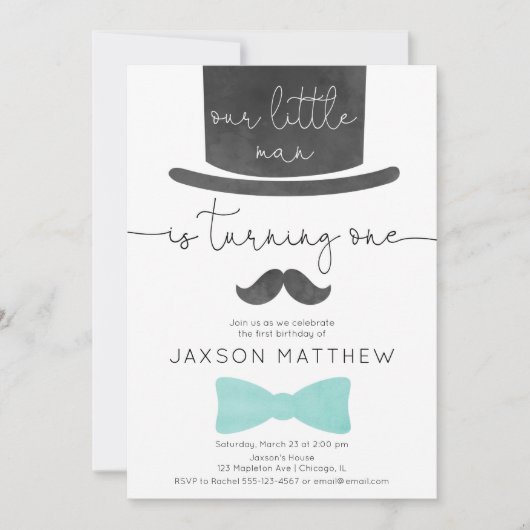 私たちの小さな男性ターコイズアクアボーイ1歳の誕生日 招待状 (正面)