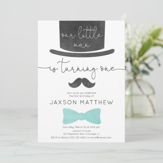 私たちの小さな男性ターコイズアクアボーイ1歳の誕生日 招待状 (スタンド正面)