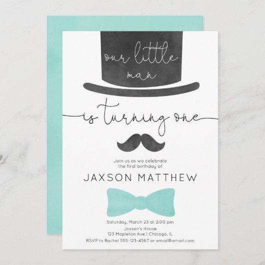 私たちの小さな男性ターコイズアクアボーイ1歳の誕生日 招待状 (正面/裏面)