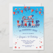 私たちの小さな花火少年 ブルーの1歳の誕生日 招待状 (正面)