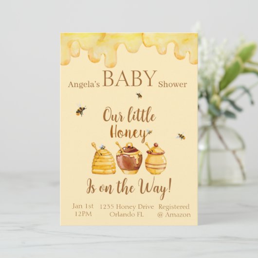 私たちの小さな蜂蜜がやってくる！ベビーシャワーのカード 招待状 (スタンド正面)