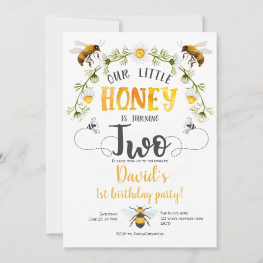 私たちの小さな蜂蜜、のまわりに、ビー2歳の誕生日 招待状 (正面)