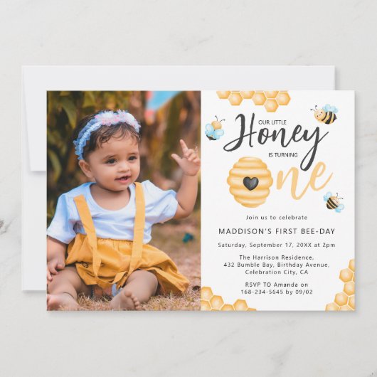 私たちの小さな蜂蜜 |最初の誕生日写真 招待状 (正面)