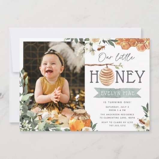 私たちの小さな蜂蜜 | Beeテーマフォト誕生日パーティー 招待状 (正面)