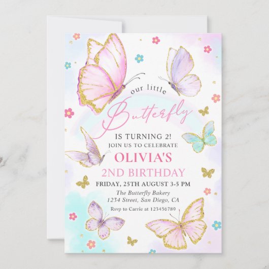 私たちの小さな蝶のパステルレインボーガール誕生日 招待状 (正面)