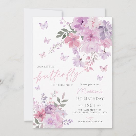 私たちの小さな蝶のフローラ紫の最初の誕生日 招待状 (正面)