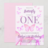 私たちの小さな蝶の女の子たちのパステルピンクの誕生日 招待状 (正面/裏面)