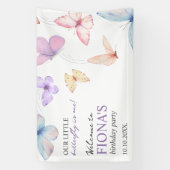 私たちの小さな蝶の女の子の最初の誕生日へようこそ 横断幕 (縦)