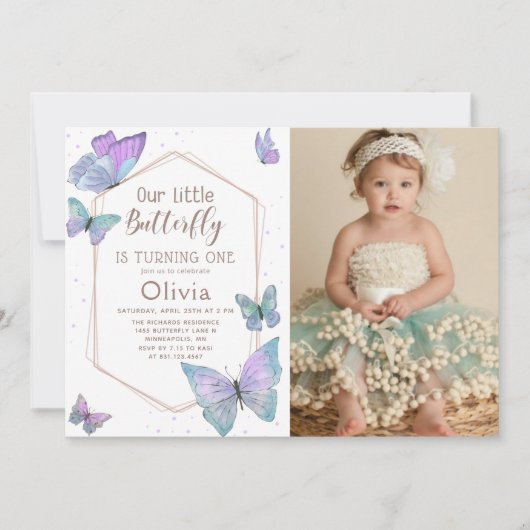 私たちの小さな蝶の女の子の誕生日写真 招待状 (正面)