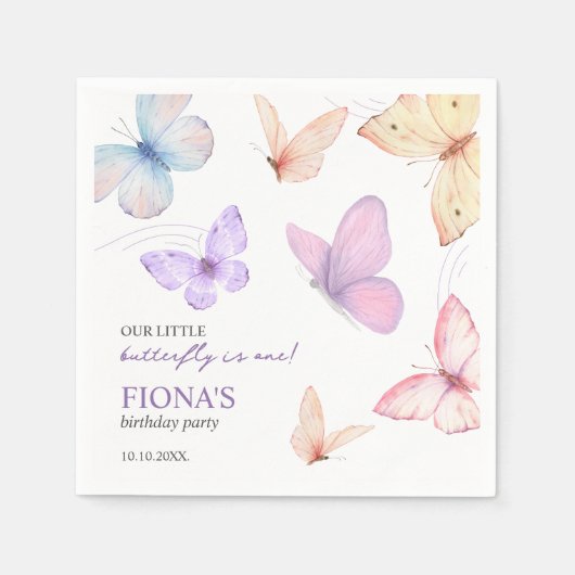 私たちの小さな蝶の女の子の1番目の誕生日かわいいシック スタンダードカクテルナプキン (正面)