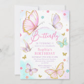 私たちの小さな蝶の女の子ピンクの誕生日パーティー 招待状 (正面)