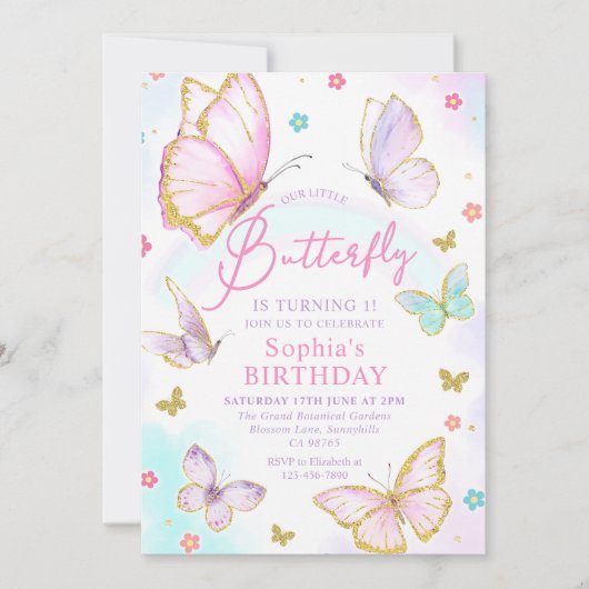 私たちの小さな蝶の女の子ピンクの誕生日パーティー 招待状 (正面)