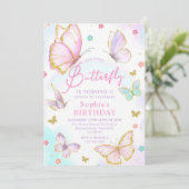 私たちの小さな蝶の女の子ピンクの誕生日パーティー 招待状 (スタンド正面)