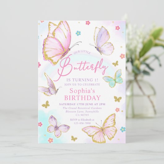 私たちの小さな蝶の女の子ピンクの誕生日パーティー 招待状 (スタンド正面)