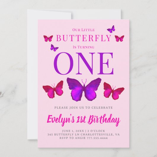 私たちの小さな蝶の女の子ピンクパープル誕生日 招待状 (正面)