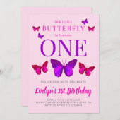 私たちの小さな蝶の女の子ピンクパープル誕生日 招待状 (正面/裏面)