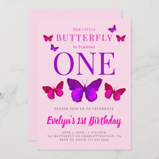 私たちの小さな蝶の女の子ピンクパープル誕生日 招待状 (正面/裏面)