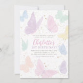 私たちの小さな蝶の女の子 パステル レインボー 誕生日 招待状 (正面)
