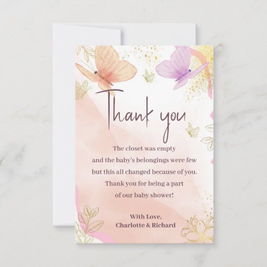 私たちの小さな蝶の水の色ピンク紫の金ゴールド サンキューカード (正面)