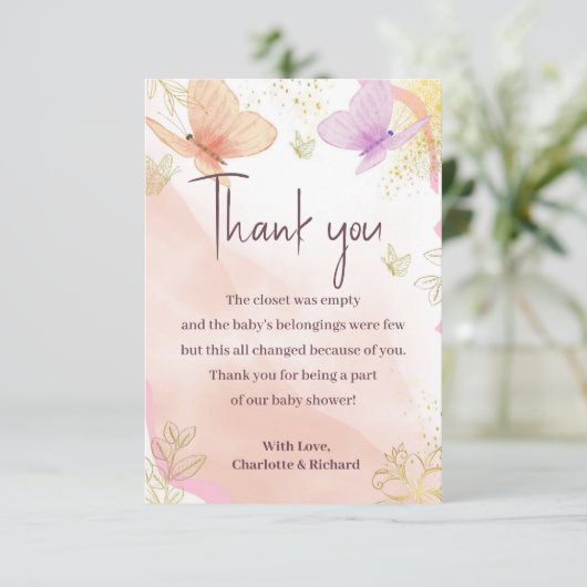 私たちの小さな蝶の水の色ピンク紫の金ゴールド サンキューカード (スタンド正面)