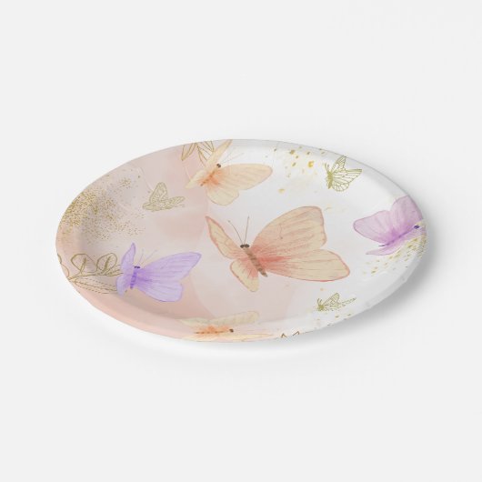 私たちの小さな蝶の水の色ピンク紫の金ゴールド ペーパープレート (アングル)