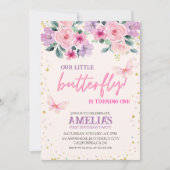 私たちの小さな蝶の紫のフローラ1st誕生日 招待状 (正面)