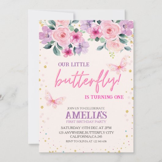 私たちの小さな蝶の紫のフローラ1st誕生日 招待状 (正面)