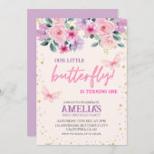 私たちの小さな蝶の紫のフローラ1st誕生日 招待状 (正面/裏面)