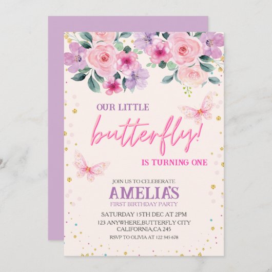 私たちの小さな蝶の紫のフローラ1st誕生日 招待状 (正面/裏面)