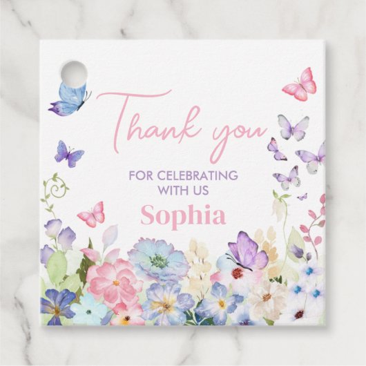 私たちの小さな蝶の誕生日パーティースクエア フェイバータグ (正面)