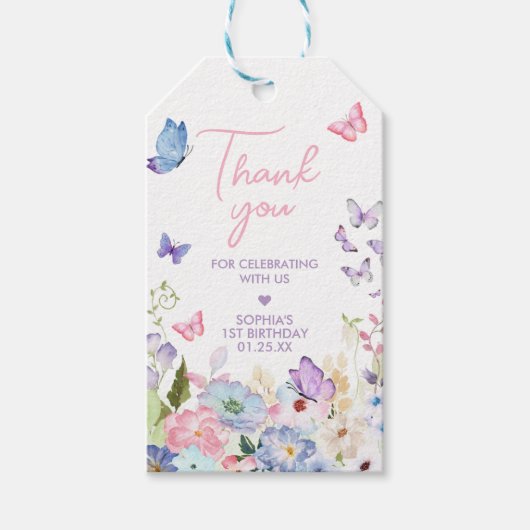 私たちの小さな蝶の誕生日パーティーメッセージカード ギフトタグ (正面)