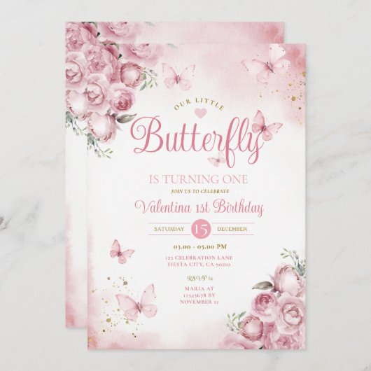 私たちの小さな蝶は1歳のピンクの花 招待状 (正面/裏面)