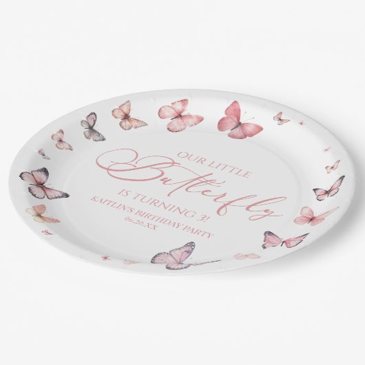 私たちの小さな蝶ソフトピンクの誕生日パーティー ペーパープレート (アングル)