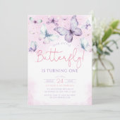 私たちの小さな蝶ピンクパープルガール誕生日 招待状 (スタンド正面)