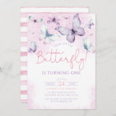 私たちの小さな蝶ピンクパープルガール誕生日 招待状 (正面/裏面)